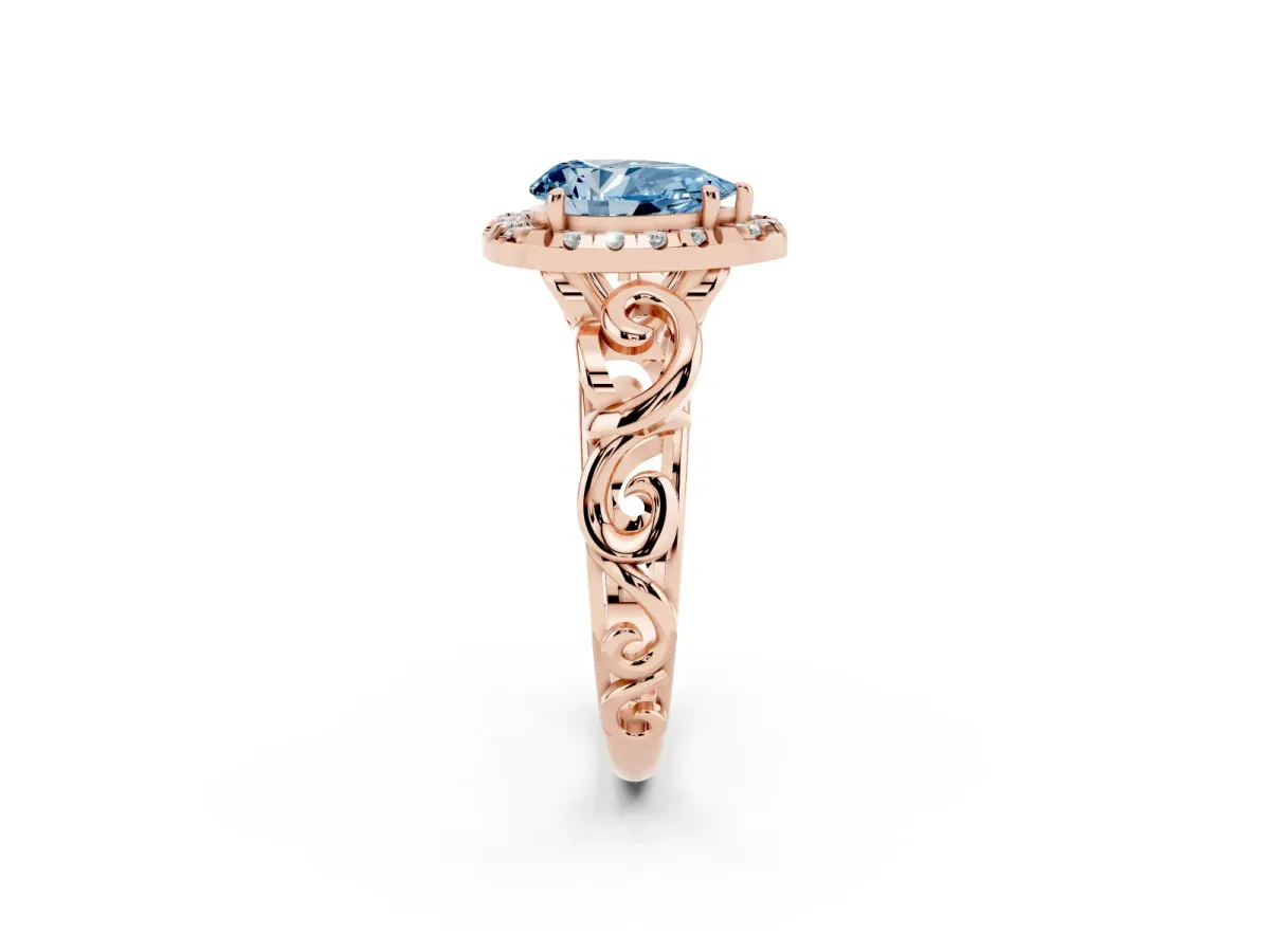 Fancy Blue Pear Cut Cut Halo Diamond Ring with Scrollwork Band and Four-Prong Setting Rose gold