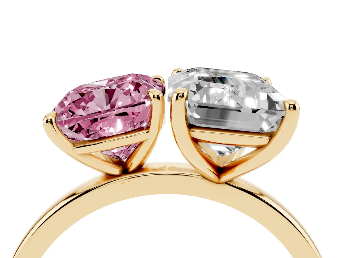 Fancy Pink Cushion Cut and Emerald Cut Toi Moi Ring with Prong Setting Yellow gold