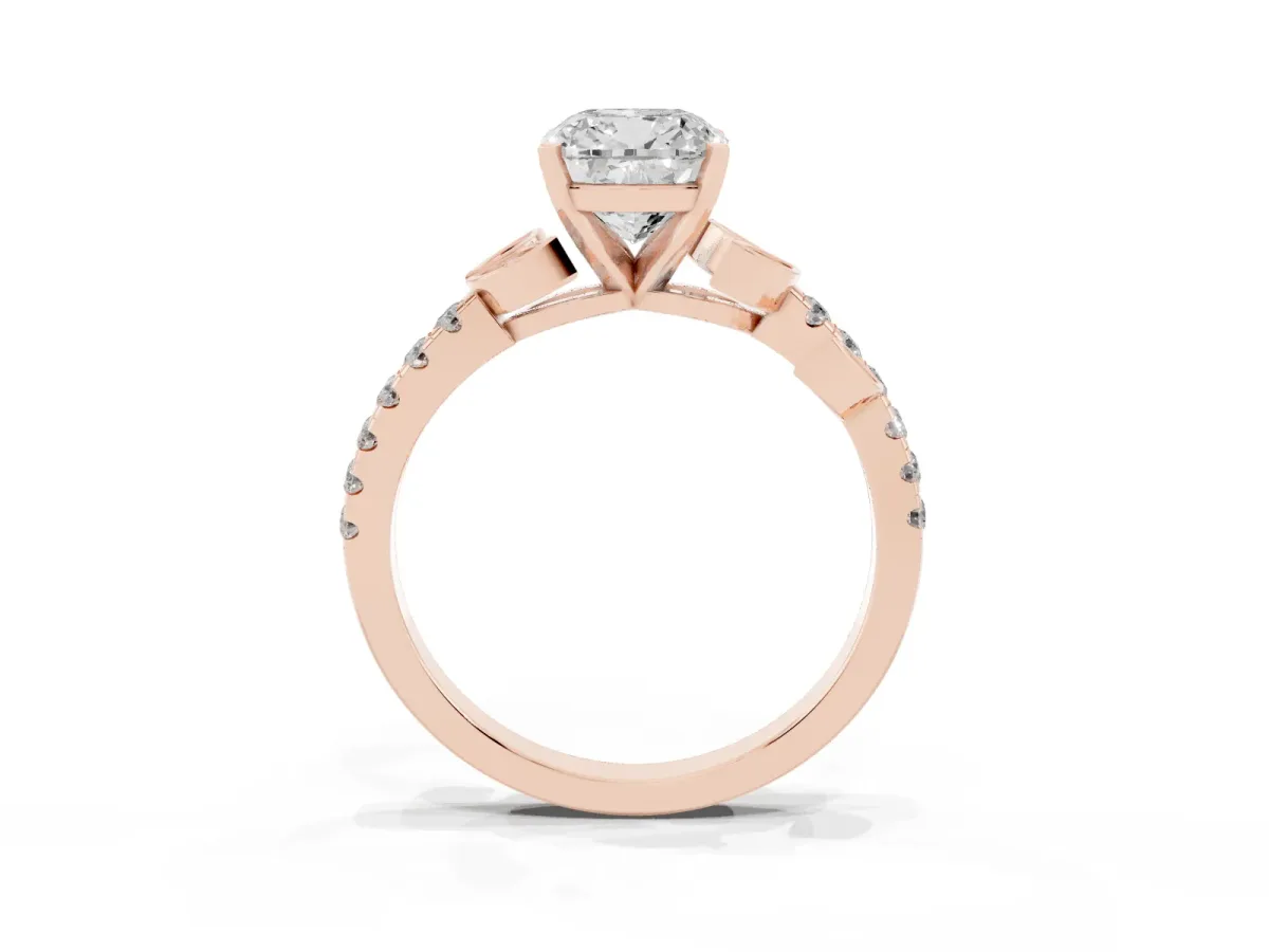 Cushion Cut Solitaire Leaf-Inspired Diamond Ring with Pavé Band and Four-Prong Setting Rose gold