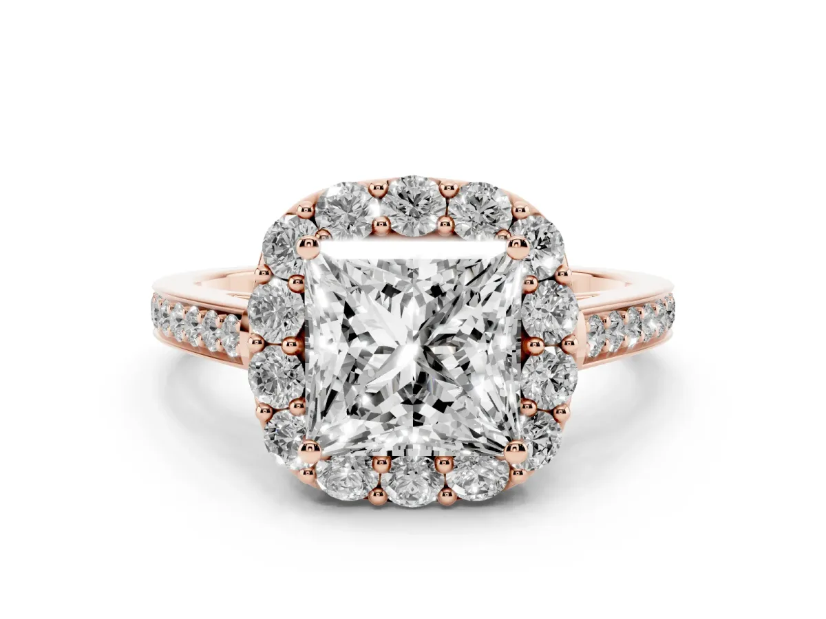 Princess Cut Diamond Floral Halo Ring with Pavé Band and Prong Setting Rose gold