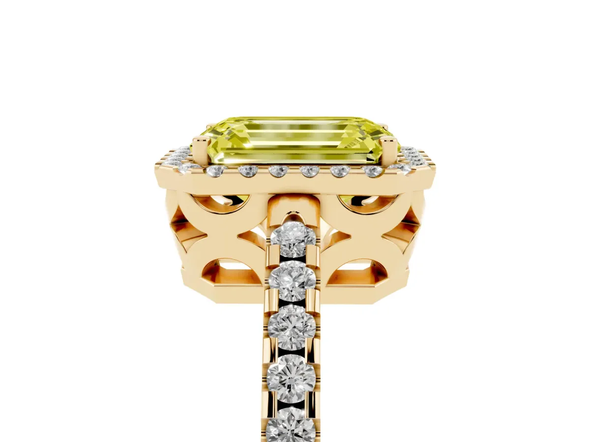 Fancy Yellow Emerald Cut Diamond Halo Engagement Ring with Pavé Band and Prong Setting Yellow gold