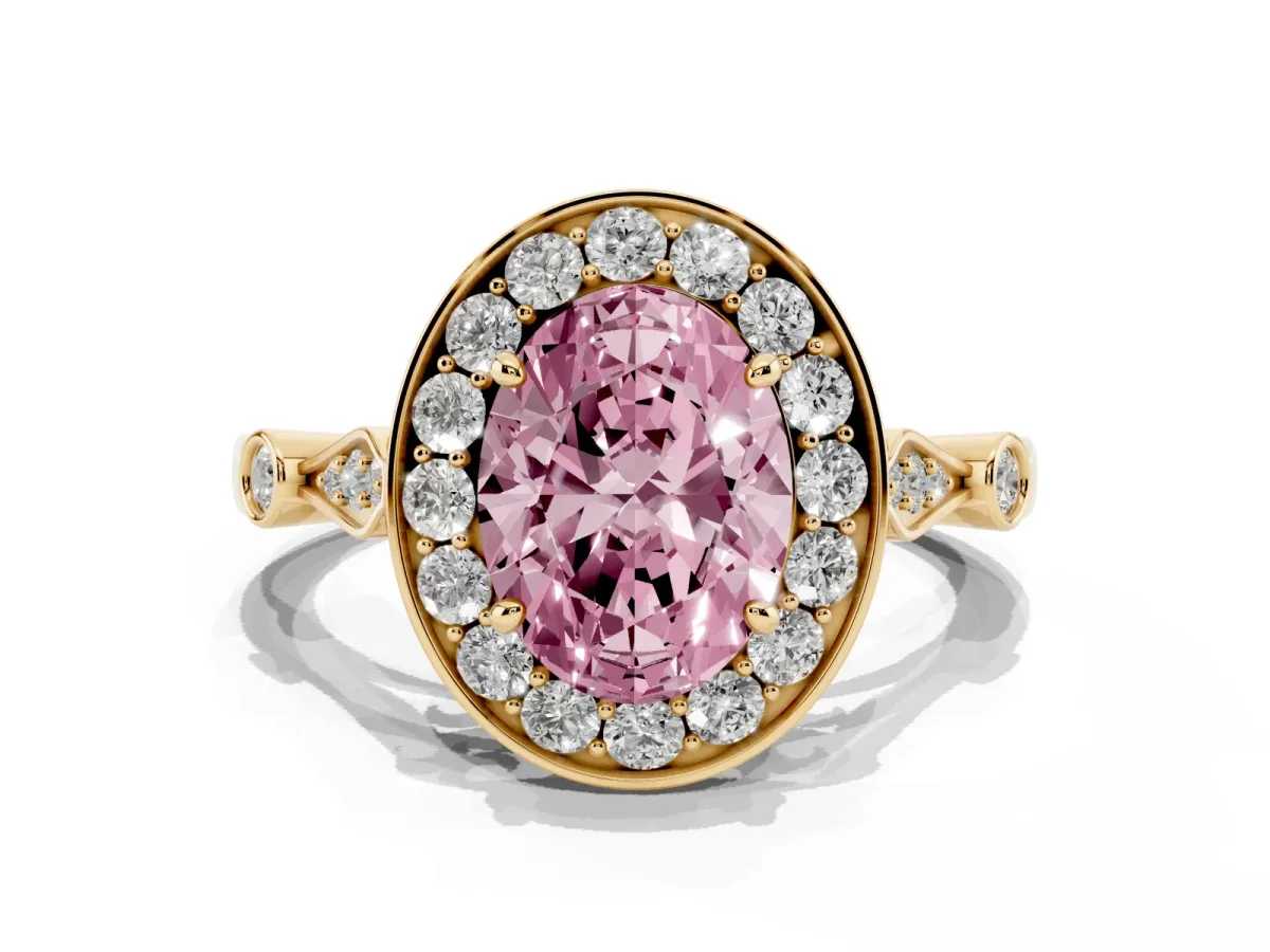 Fancy Pink Oval Cut Halo Diamond Engagement Ring with Twisted Band and Four-Prong Setting Yellow gold