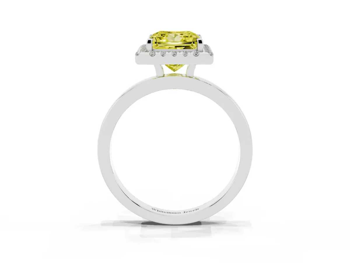 Fancy Yellow Princess Cut Halo Diamond Solitaire with Pavé Band and Four-Prong Setting White gold