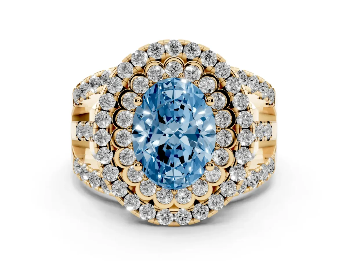 Fancy Blue Oval Cut Diamond Double Halo Ring with Round Pavé Split Shank and Prong Setting Yellow gold