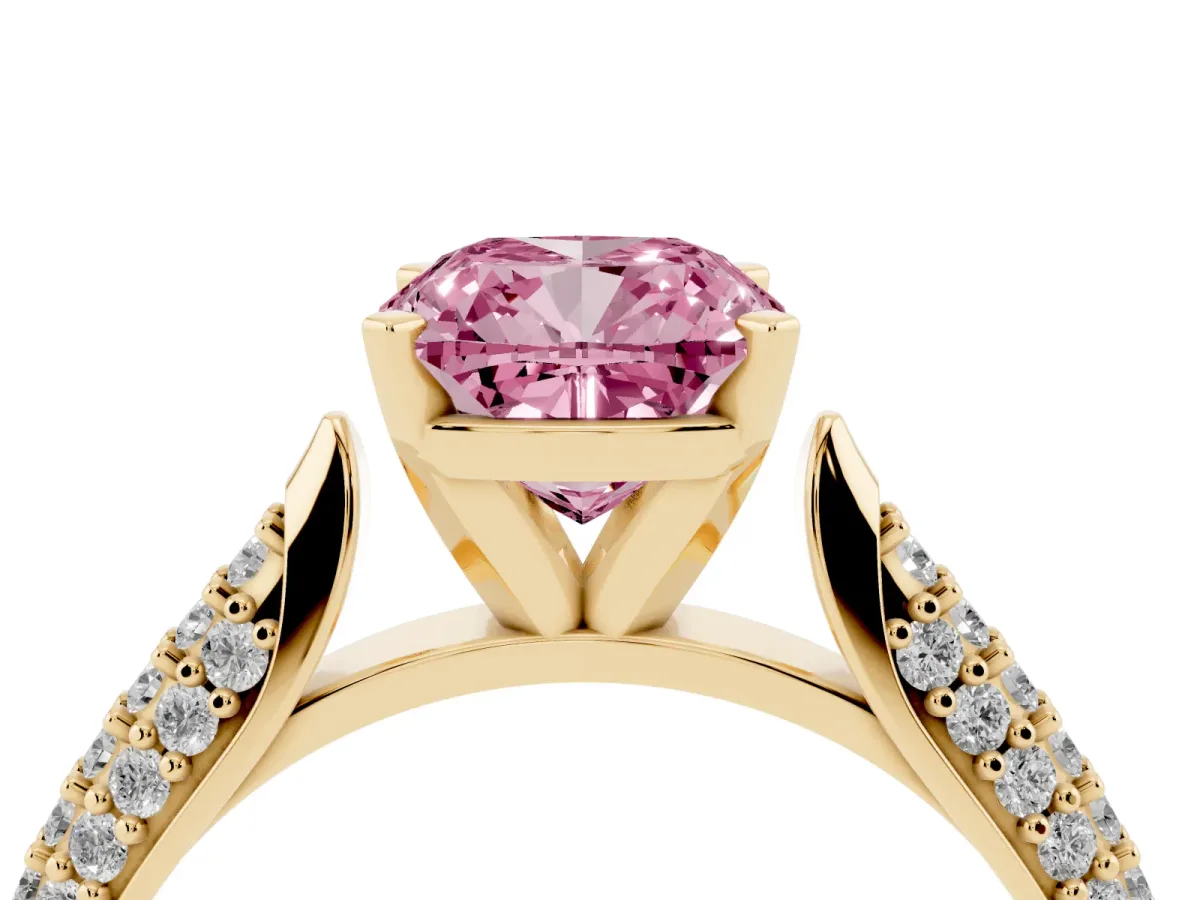Fancy Pink Cushion Cut Diamond Solitaire Engagement Ring with Multi-Row Round Pavé Band and Prong Setting Yellow gold