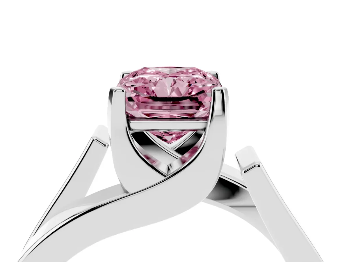 Fancy Pink Modern Tension Set Radiant Cut Diamond Solitaire Wide Band Ring Silver