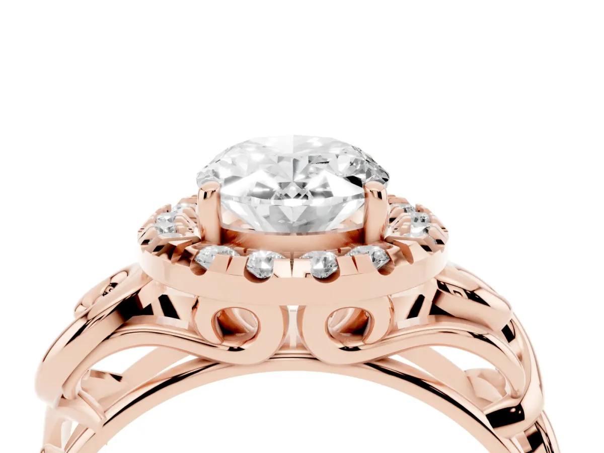 Oval Cut Cut Halo Diamond Ring with Scrollwork Band and Four-Prong Setting Rose gold