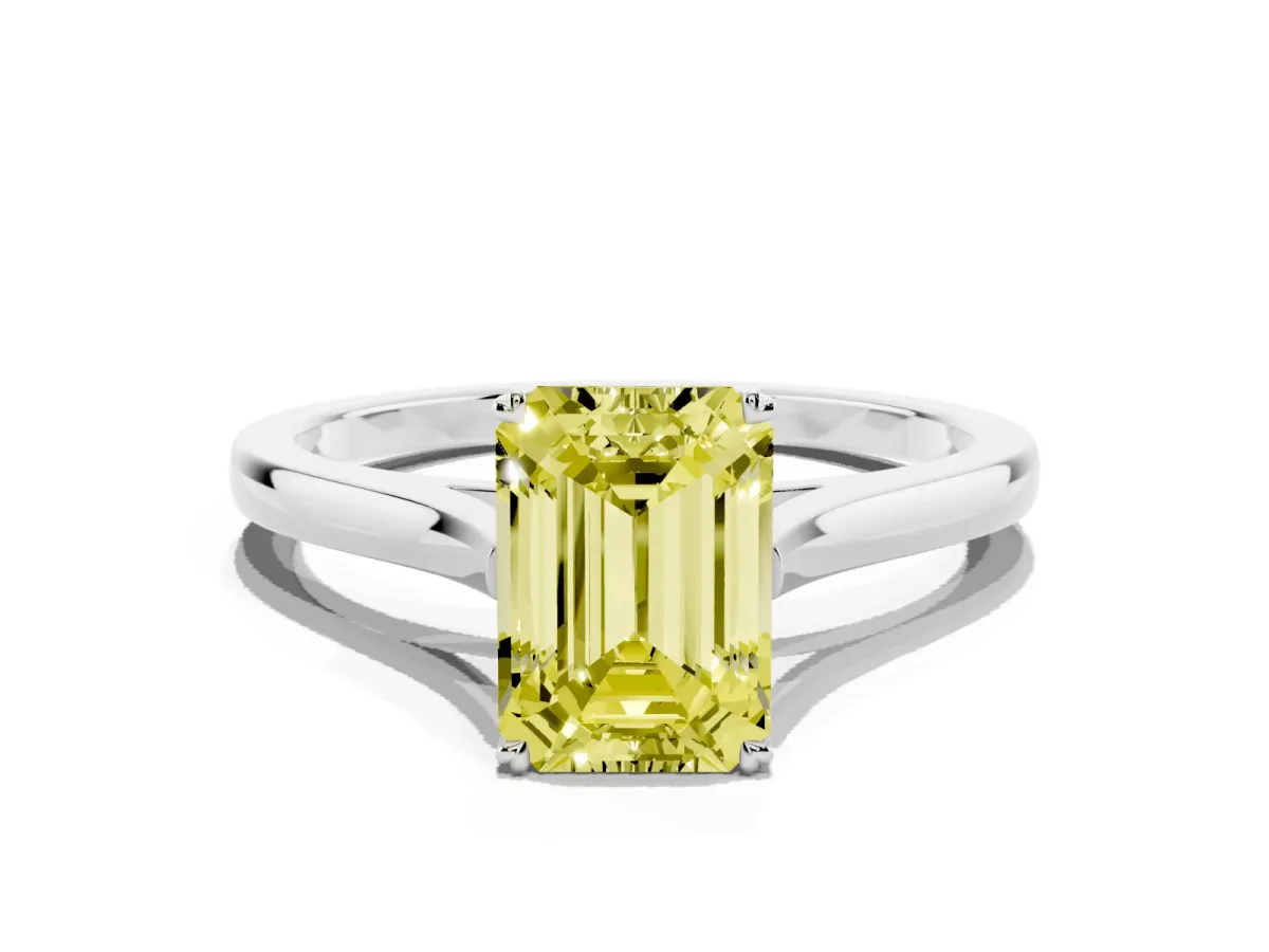 Fancy Yellow Emerald Cut Solitaire Heart Prong Engagement Ring with Tapered Band White gold