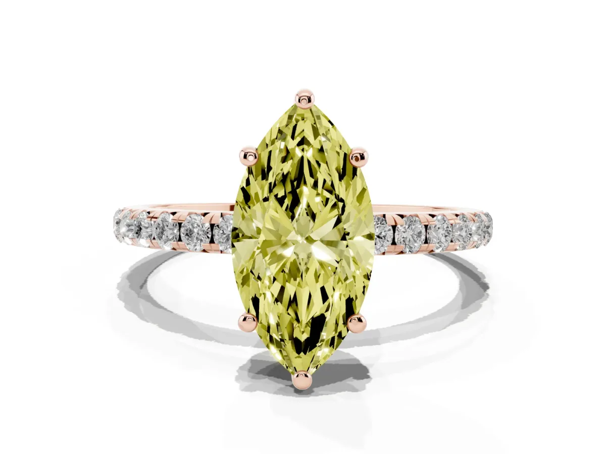 Fancy Yellow Marquise Cut Cut Diamond Solitaire Ring with Micro Pave Band and Four Prong Setting Rose gold