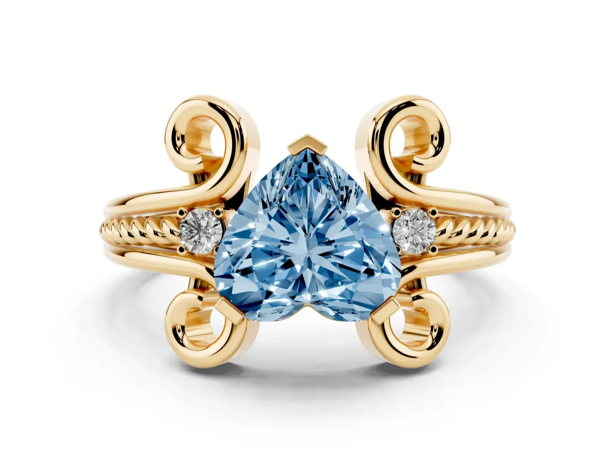 Fancy Blue Heart Cut Solitaire Twisted Band Scroll Prong Ring Yellow gold