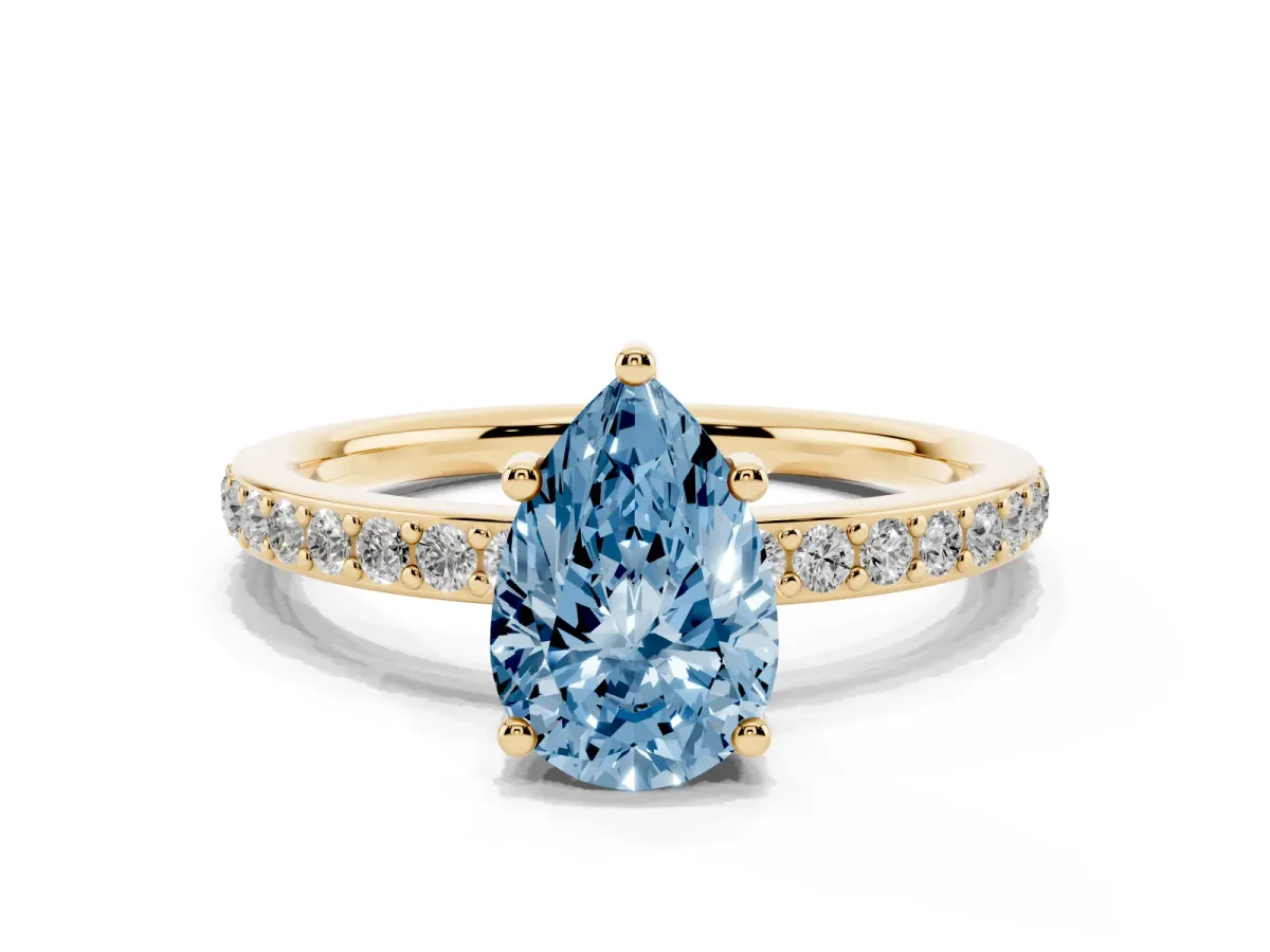 Fancy Blue Pear Cut Cut Diamond Pavé Band Ring with Four-Prong Setting Yellow gold