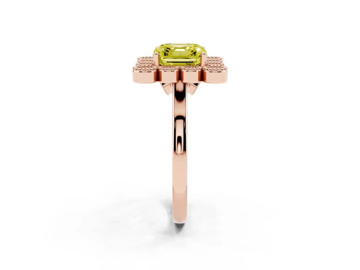 Fancy Yellow Asscher Cut Halo Diamond Cluster Engagement Ring with Milgrain Bezel Setting and Solitaire Band Rose gold