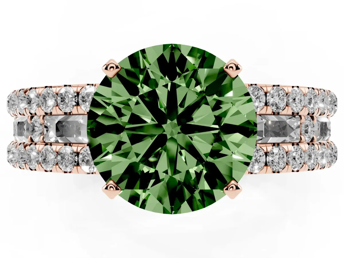 Fancy Green Round Cut Diamond Solitaire Ring with Pavé and Channel Set Band Rose gold