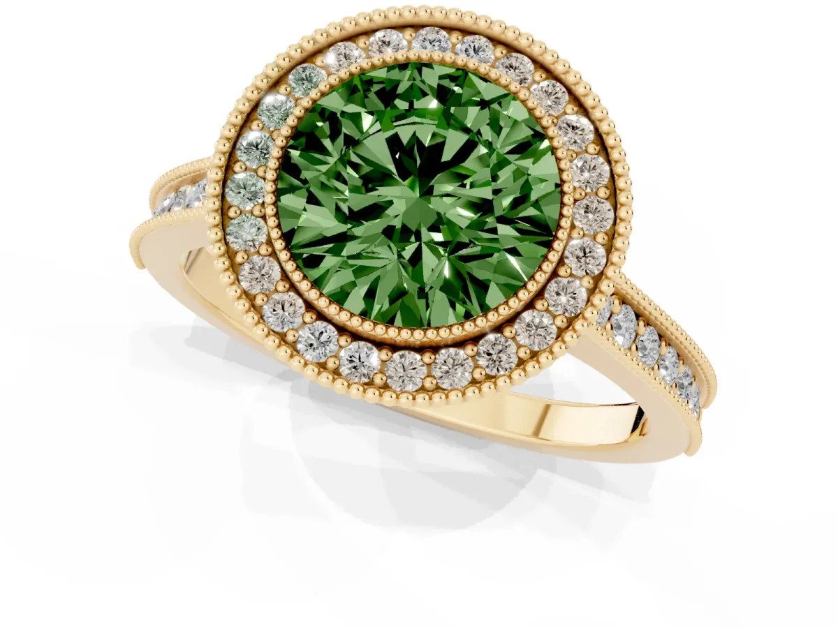 Fancy Green Halo Round Cut-Cut Diamond Pave Band Milgrain Prong Setting Ring Yellow gold