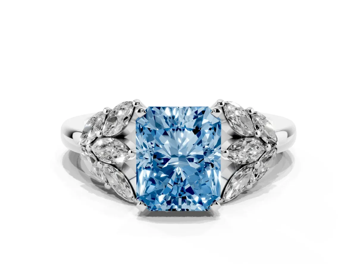 Fancy Blue Radiant Cut Diamond Cluster Leaf Design Ring with Prong Setting Silver