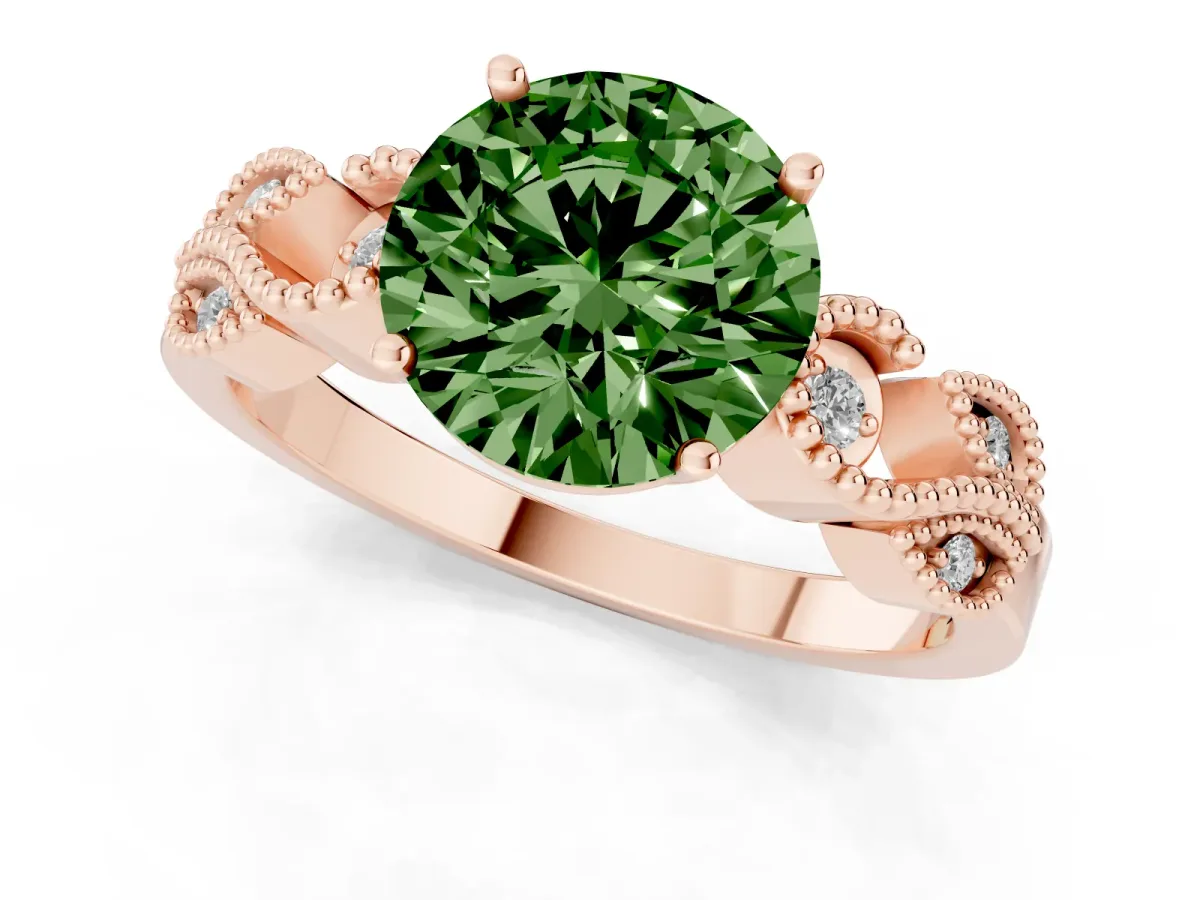 Fancy Green Round Cut Solitaire Milgrain Leaf Band with Prong Setting Rose gold