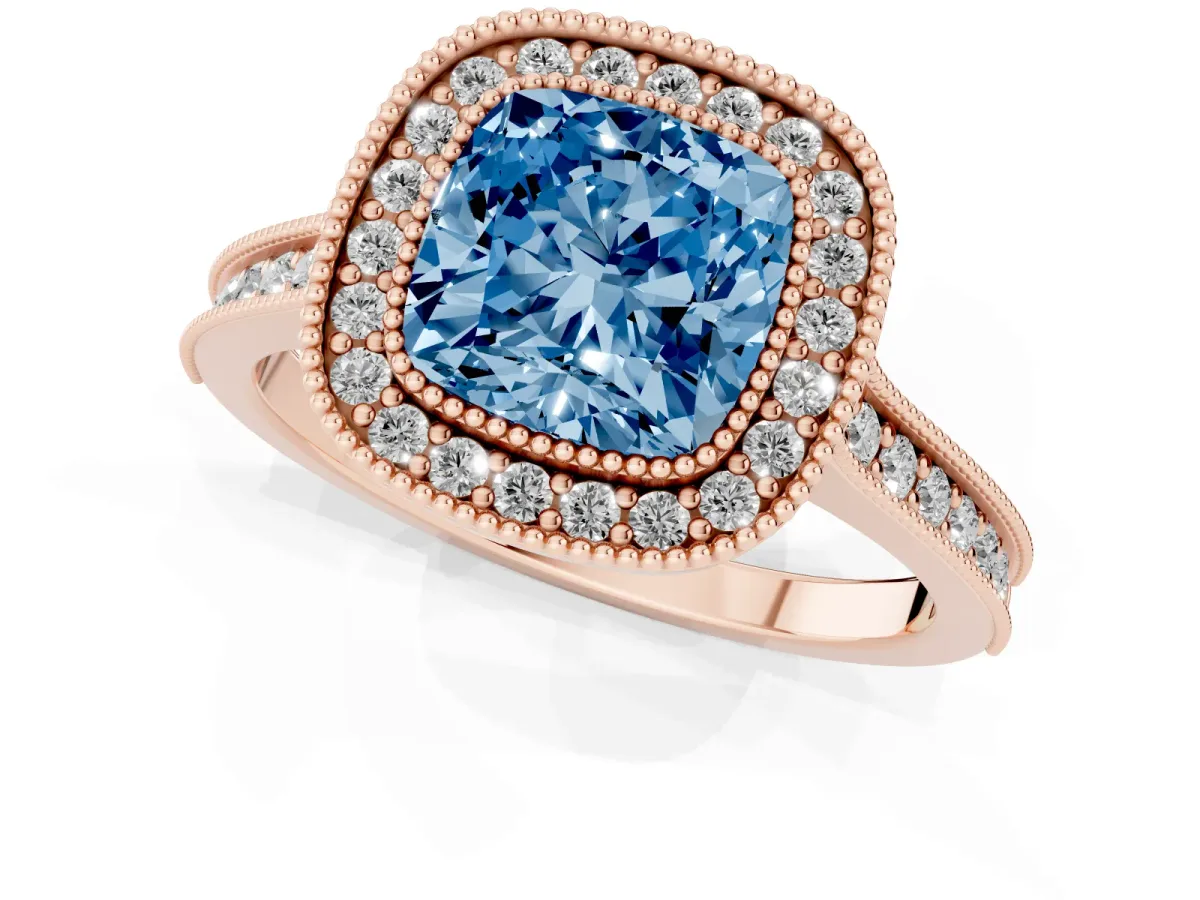 Fancy Blue Halo Cushion Cut-Cut Diamond Pave Band Milgrain Prong Setting Ring Rose gold