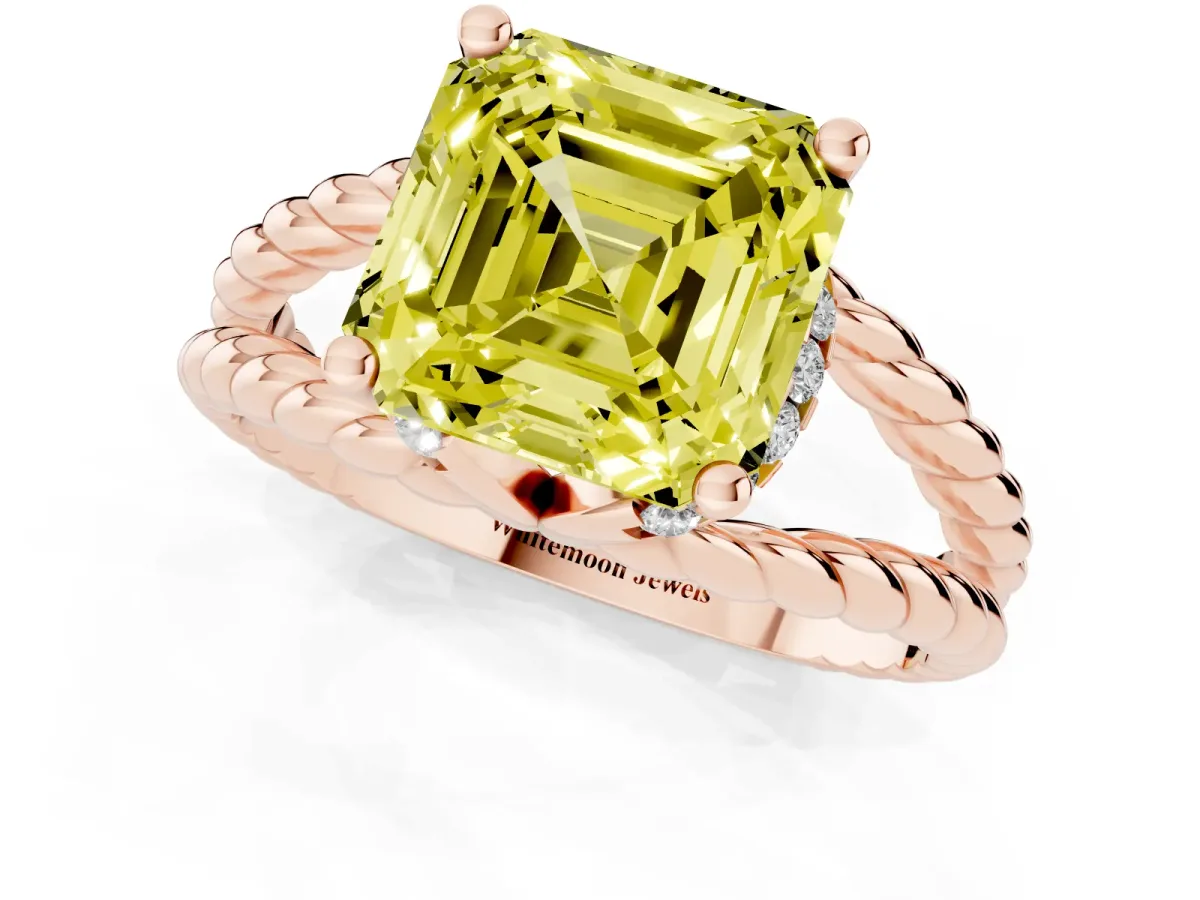 Fancy Yellow Asscher Cut Halo Twisted Band Four-Prong Ring Rose gold