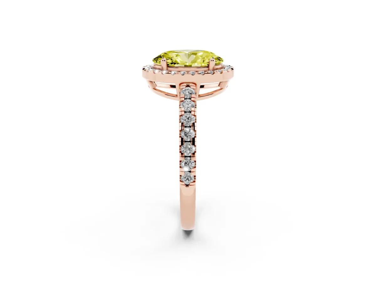 Fancy Yellow Oval Cut Diamond Halo Ring with Pavé Band and Four-Prong Setting Rose gold