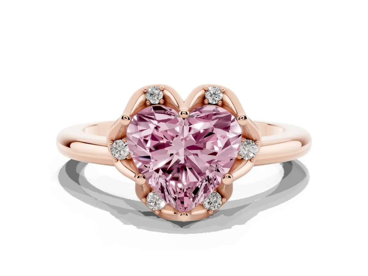 Fancy Pink Heart Cut Halo Diamond Ring with Round Cluster Setting, Solitaire Band, and Four-Prong Setting Rose gold
