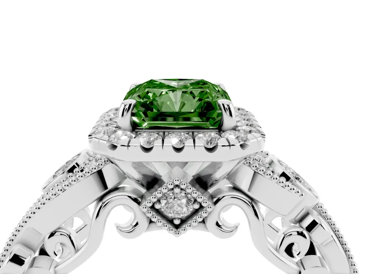 Fancy Green Radiant Cut Halo Diamond Ring with Milgrain and Bezel Accents on a Split Shank Band White gold