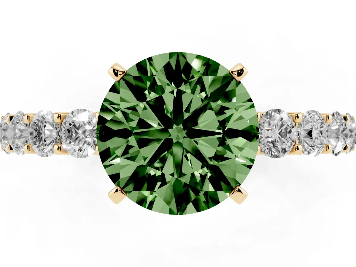 Fancy Green Round Cut Diamond Solitaire Ring with Shared Prong Pavé Band and Four-Prong Setting Yellow gold