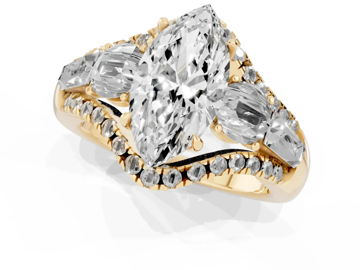 Three-Stone Marquise Cut Diamond Engagement Ring with Pave Band and Prong Setting Yellow gold