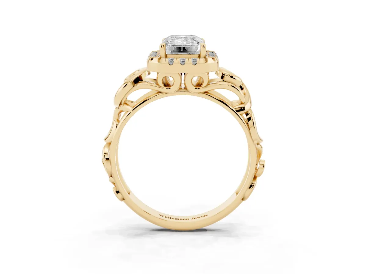Emerald Cut Cut Halo Diamond Ring with Scrollwork Band and Four-Prong Setting Yellow gold