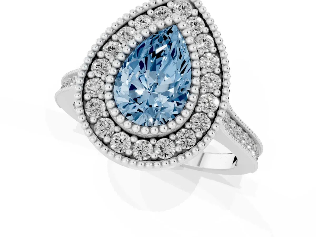 Fancy Blue Pear Cut Diamond Halo Ring with Milgrain Frame and Pavé Band Silver