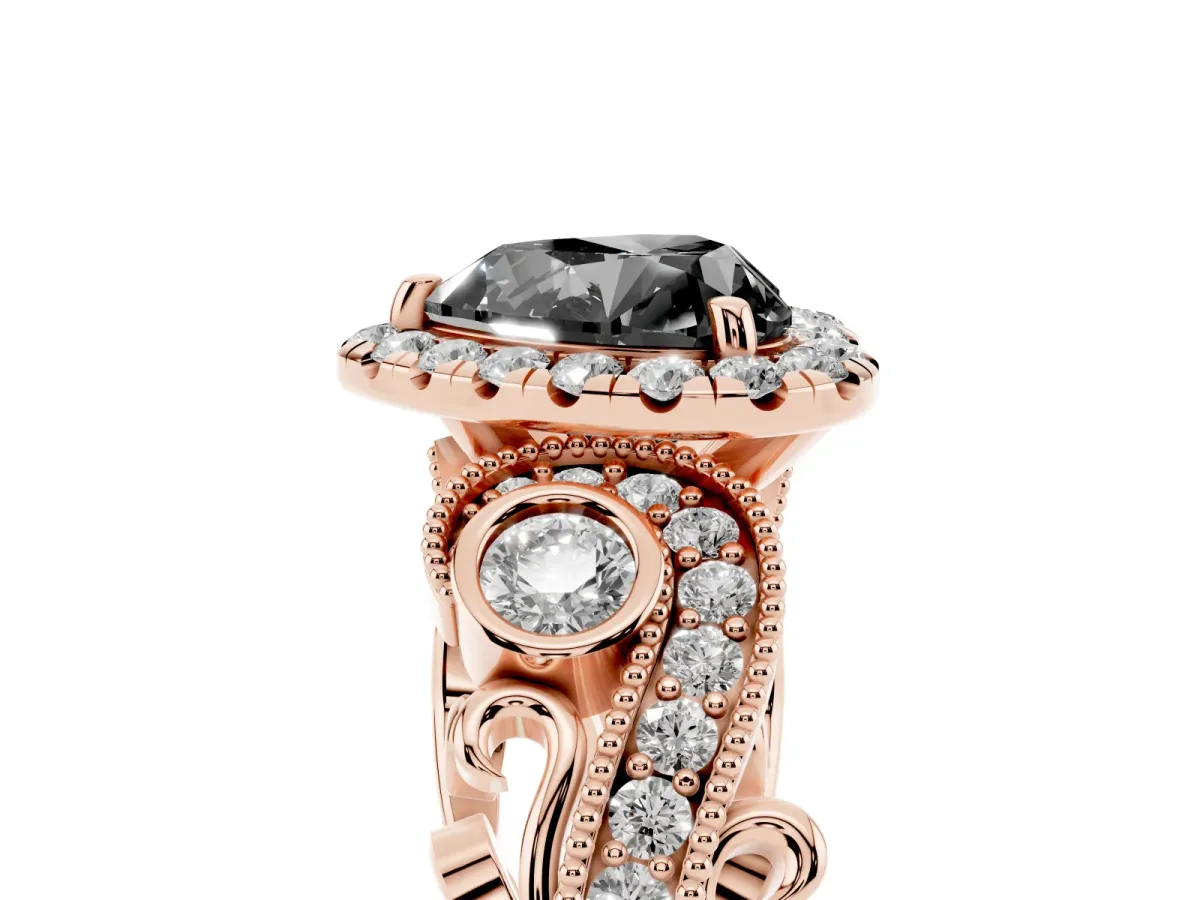 Fancy Black Heart Cut Halo Diamond Ring with Milgrain and Bezel Accents on a Split Shank Band Rose gold