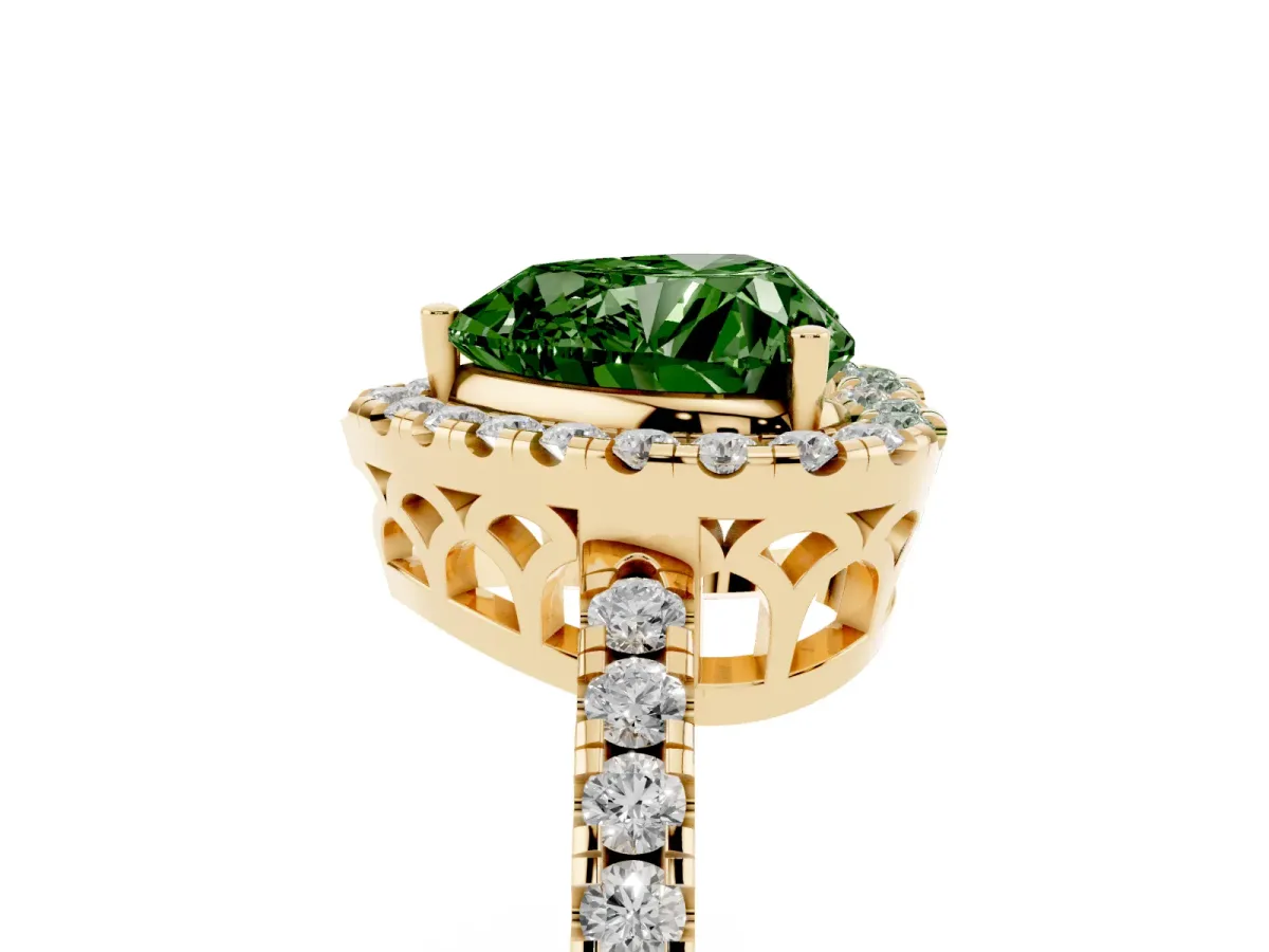 Fancy Green Heart Cut Halo Diamond Engagement Ring with Pavé Band and Four-Prong Setting Yellow gold