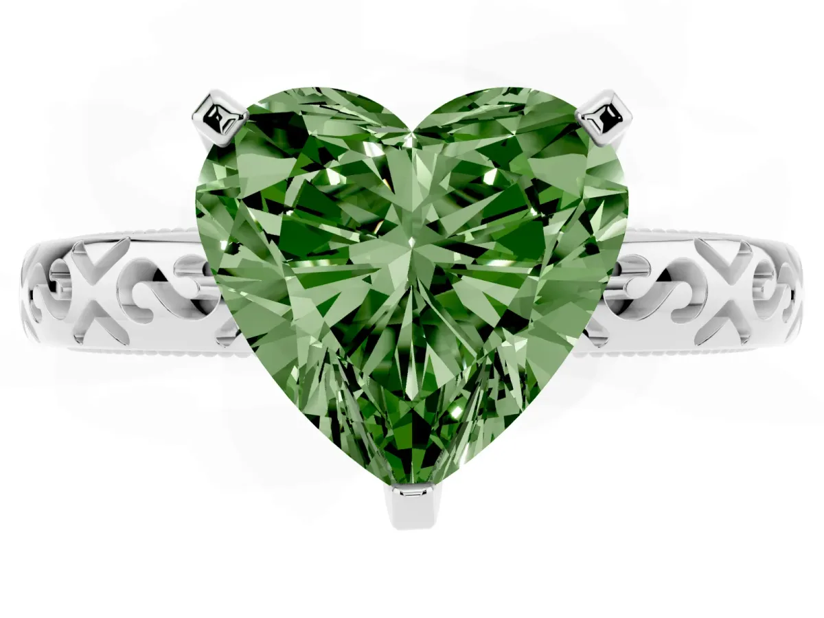 Fancy Green Heart Cut Solitaire Engagement Ring with Scrollwork Band and Four-Prong Setting Silver
