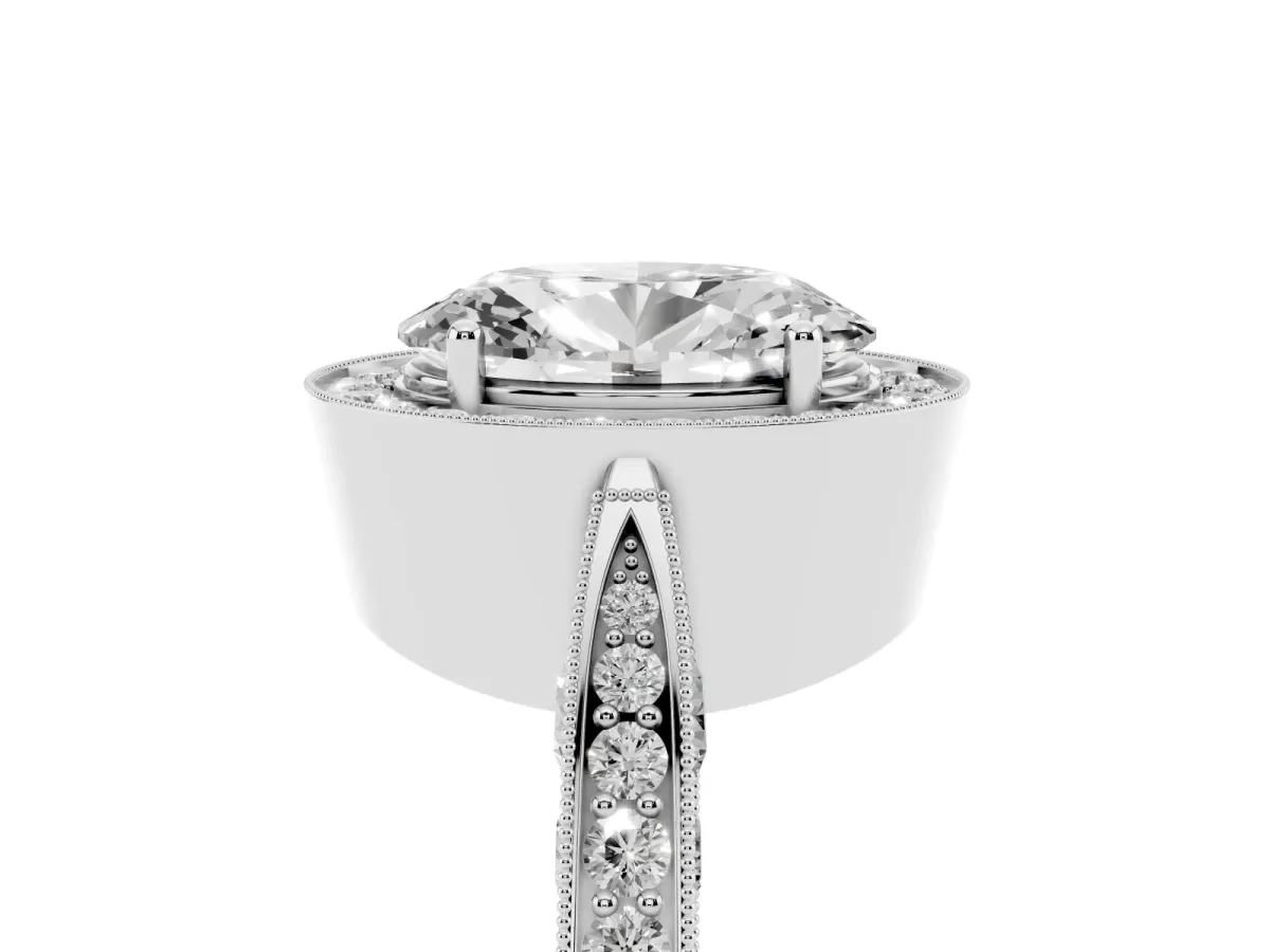 Oval Cut Halo Diamond Engagement Ring with Split Shank Band and Four-Prong Setting Silver