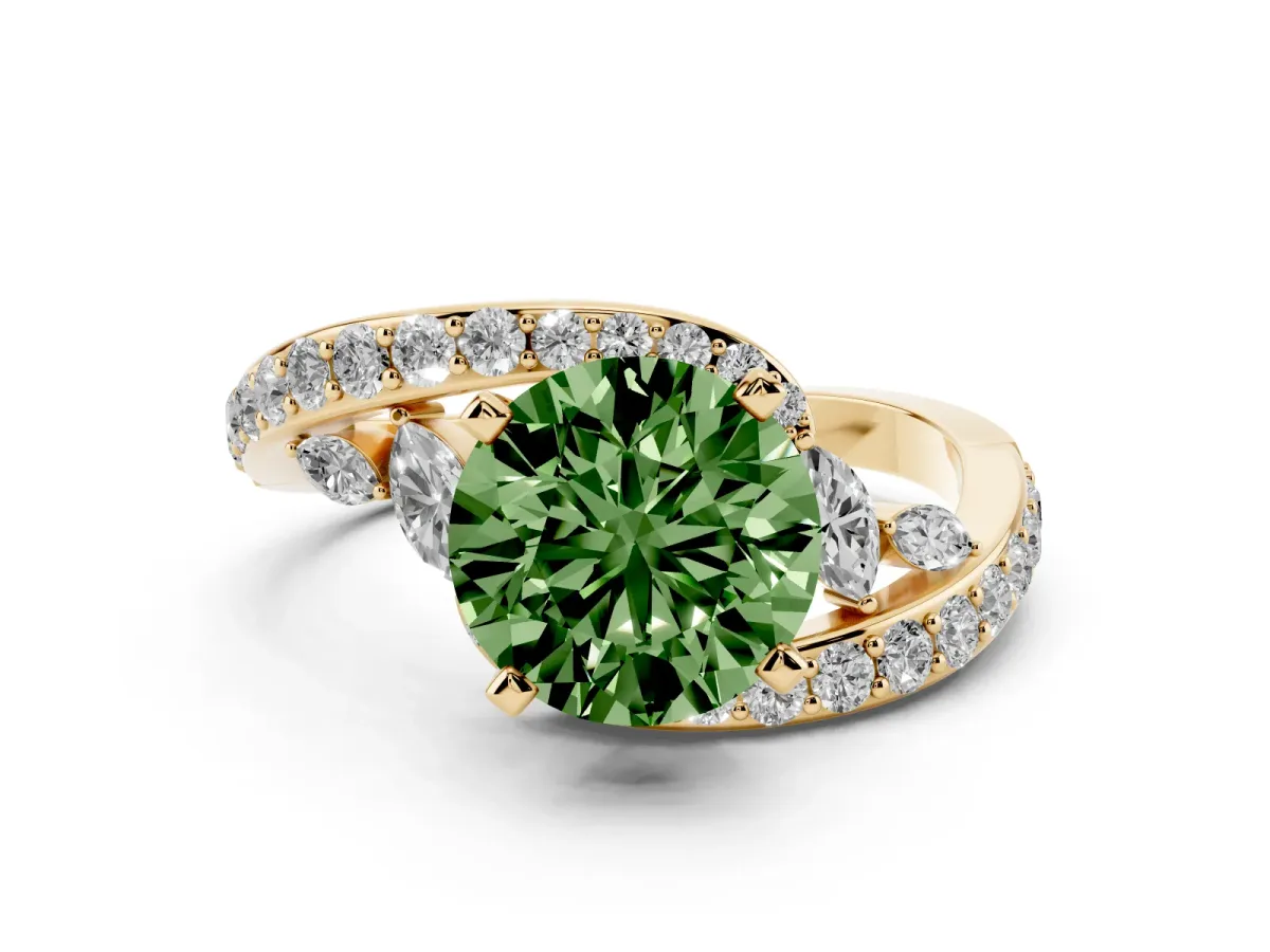 Fancy Green Round Cut Solitaire with Pavé Twist Band and Four-Prong Setting Yellow gold