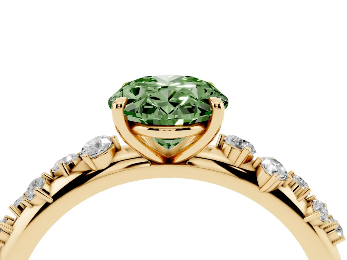 Fancy Green Oval Cut Diamond Cluster Prong-Set Solitaire Ring Yellow gold