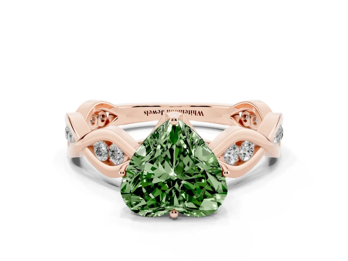 Fancy Green Heart Cut Solitaire Twist Band with Leaf Prong Setting Rose gold