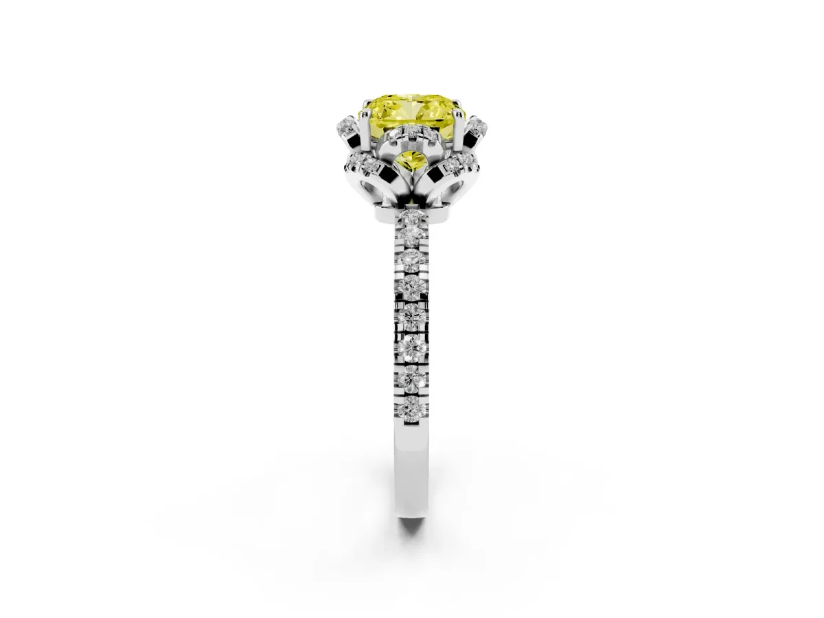 Fancy Yellow Cushion Cut Halo Diamond Pave Band Ring with Four-Prong Setting Silver