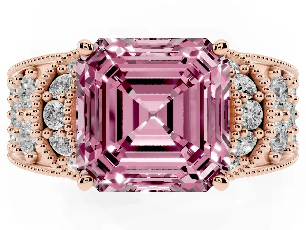 Fancy Pink Asscher Cut Halo Pave Diamond Engagement Ring with Milgrain Detailing Rose gold