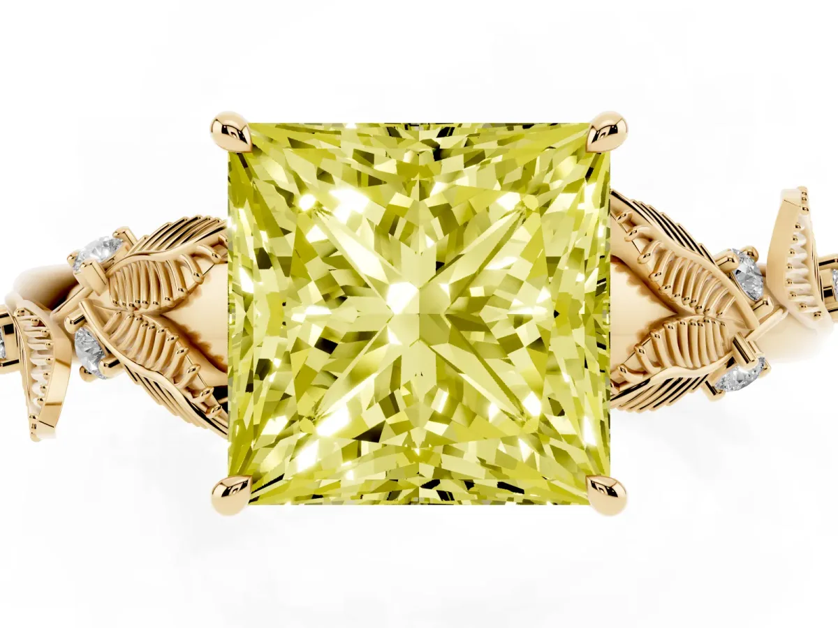 Fancy Yellow Princess Cut Diamond Solitaire Ring with Leaf Motif Band and Four-Prong Setting Yellow gold