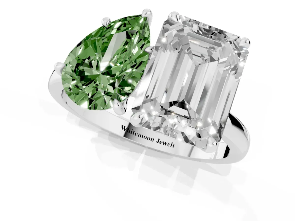 Fancy Green Pear Cut and Emerald Cut Toi Moi Ring with Prong Setting Platinum