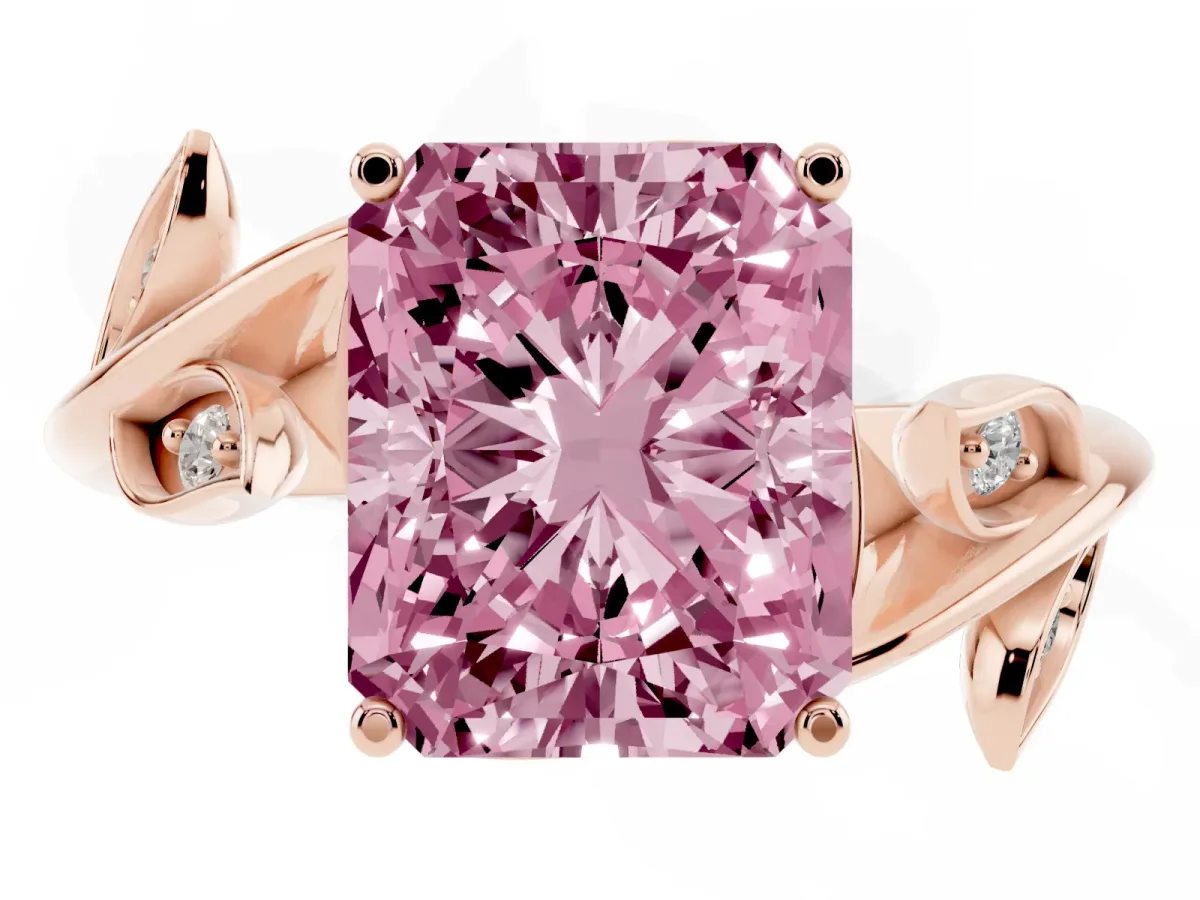 Fancy Pink Radiant Cut Solitaire Twist Engagement Ring with Leaf Accents and Prong Setting Rose gold
