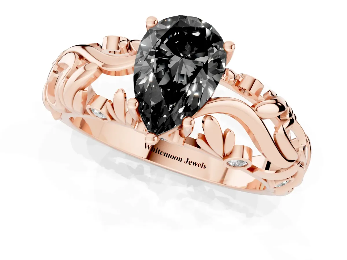 Fancy Black Pear Cut Solitaire Diamond Leaf-Inspired Vine Band Ring with Prong Setting Rose gold