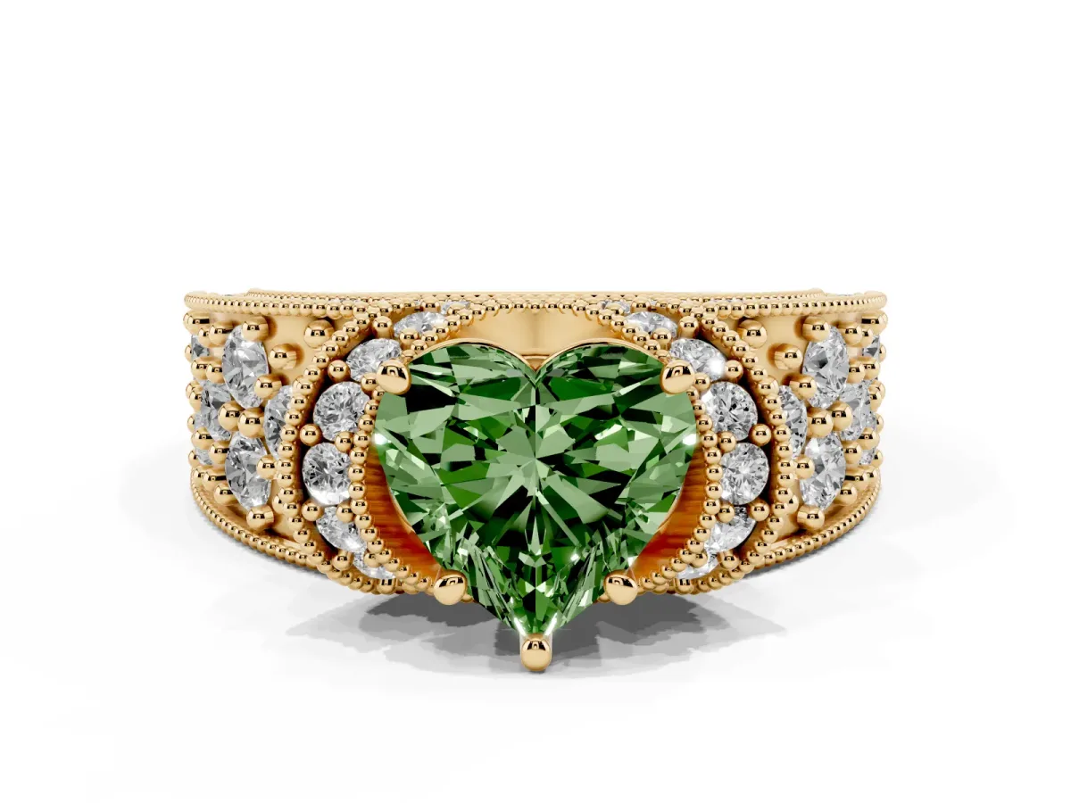 Fancy Green Heart Cut Halo Pave Diamond Engagement Ring with Milgrain Detailing Yellow gold