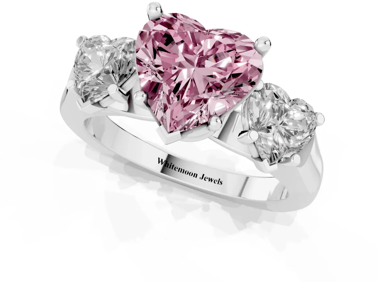 Fancy Pink Three-Stone Heart Cut Brilliant Diamond Trellis Ring with Comfort Fit Band Silver