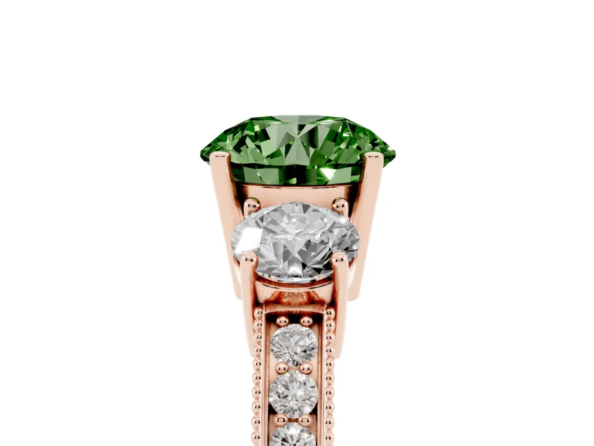 Fancy Green Round Cut Three-Stone Diamond Ring with Pavé Band and Four-Prong Setting Rose gold