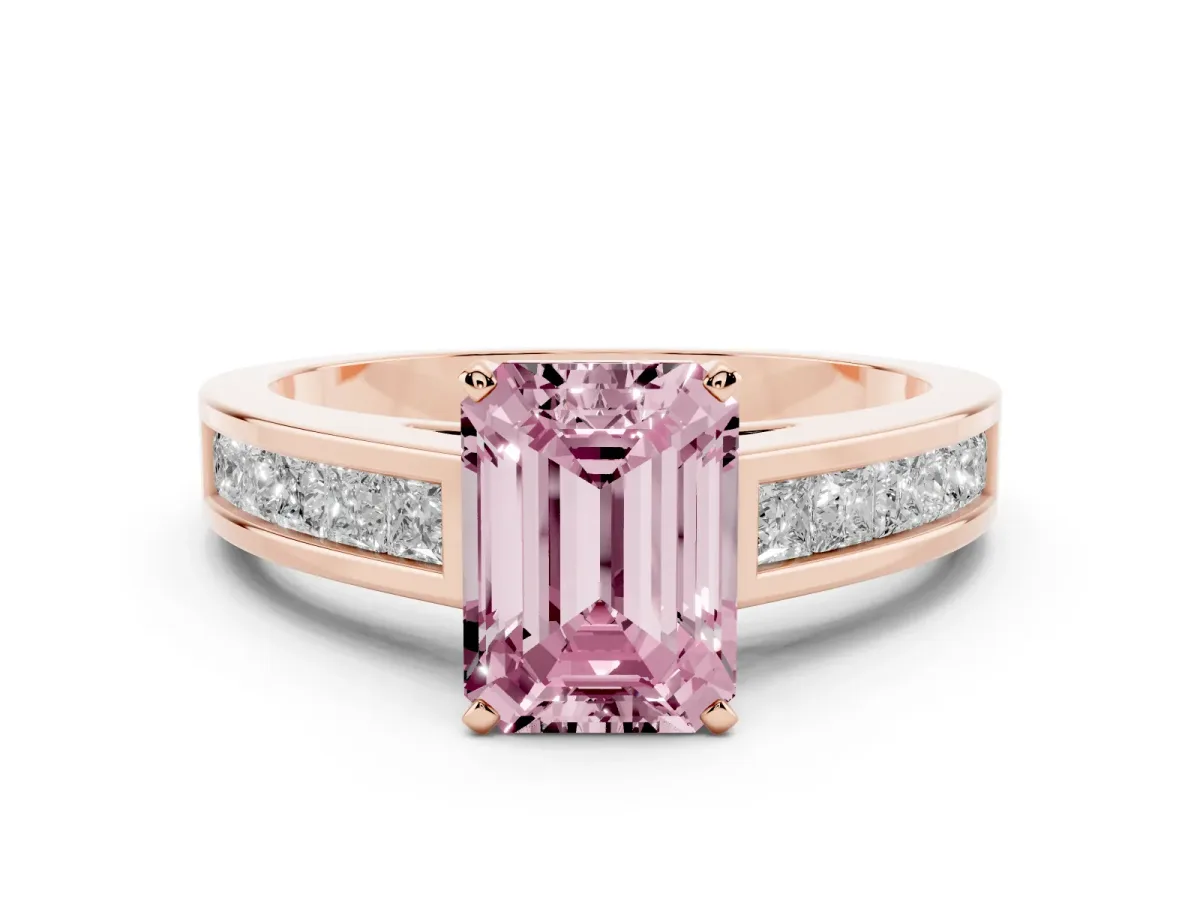 Fancy Pink Emerald Cut Solitaire Diamond Ring with Channel-Set Band and Four-Prong Setting Rose gold