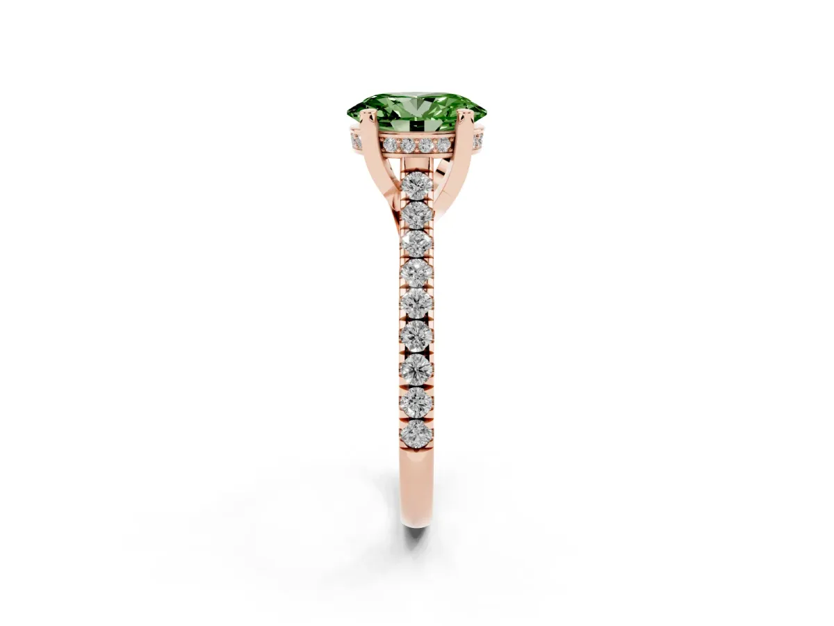 Fancy Green Oval Cut Brilliant Diamond Solitaire with Pavé Band and Four-Prong Setting Rose gold