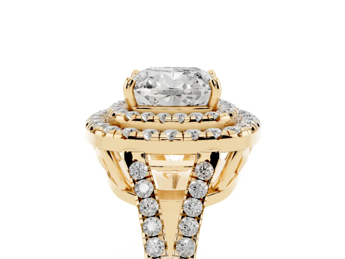 Cushion Cut Diamond Double Halo Ring with Pavé Band and Prong Setting Yellow gold