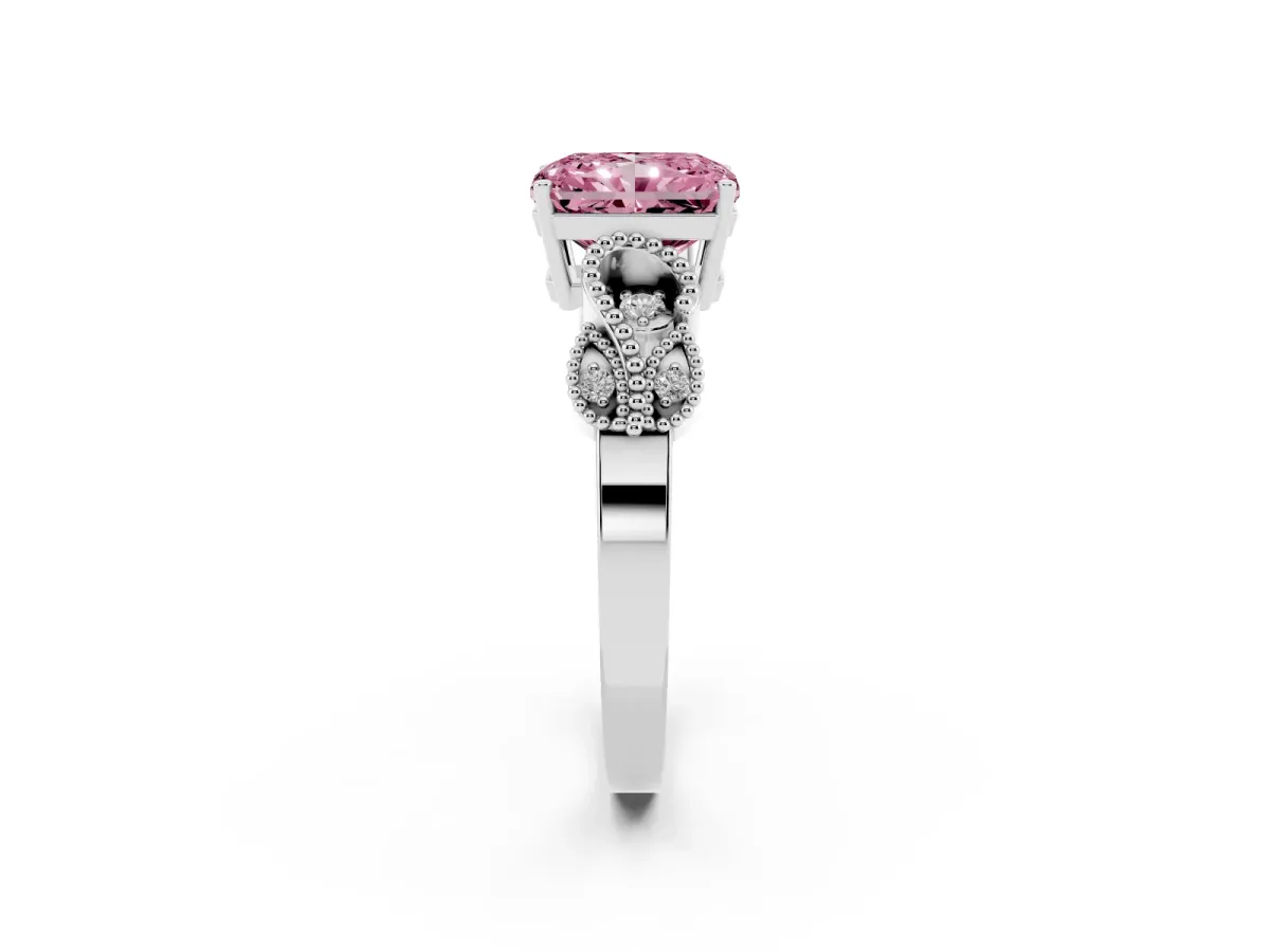 Fancy Pink Princess Cut Solitaire Milgrain Leaf Band with Prong Setting Silver