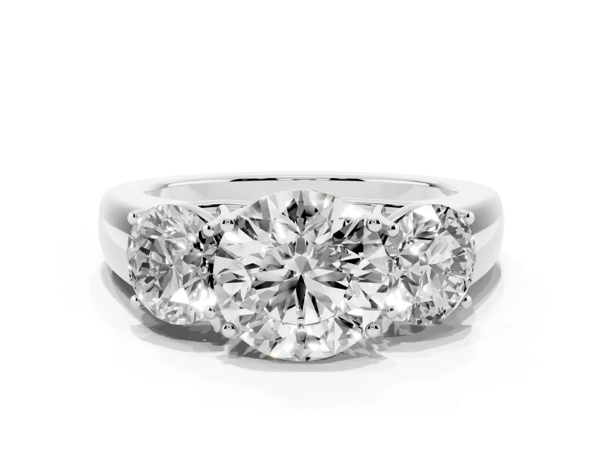 Three-Stone Round Cut Cut Diamond Ring with Prong Setting and Classic Band Silver